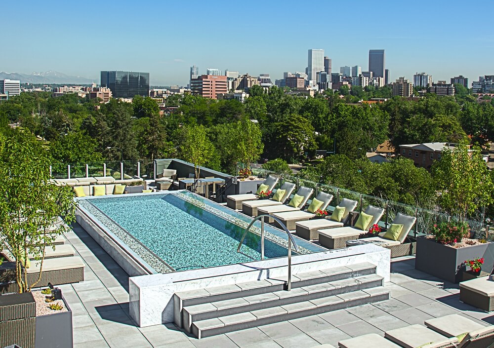 My Block Wash Park, Denver, CO Tiled Stainless Steel Swimming Pool with Descending Stairs, Autocover, LED Lighitng and Water Feature with Water Catch Basin. 426