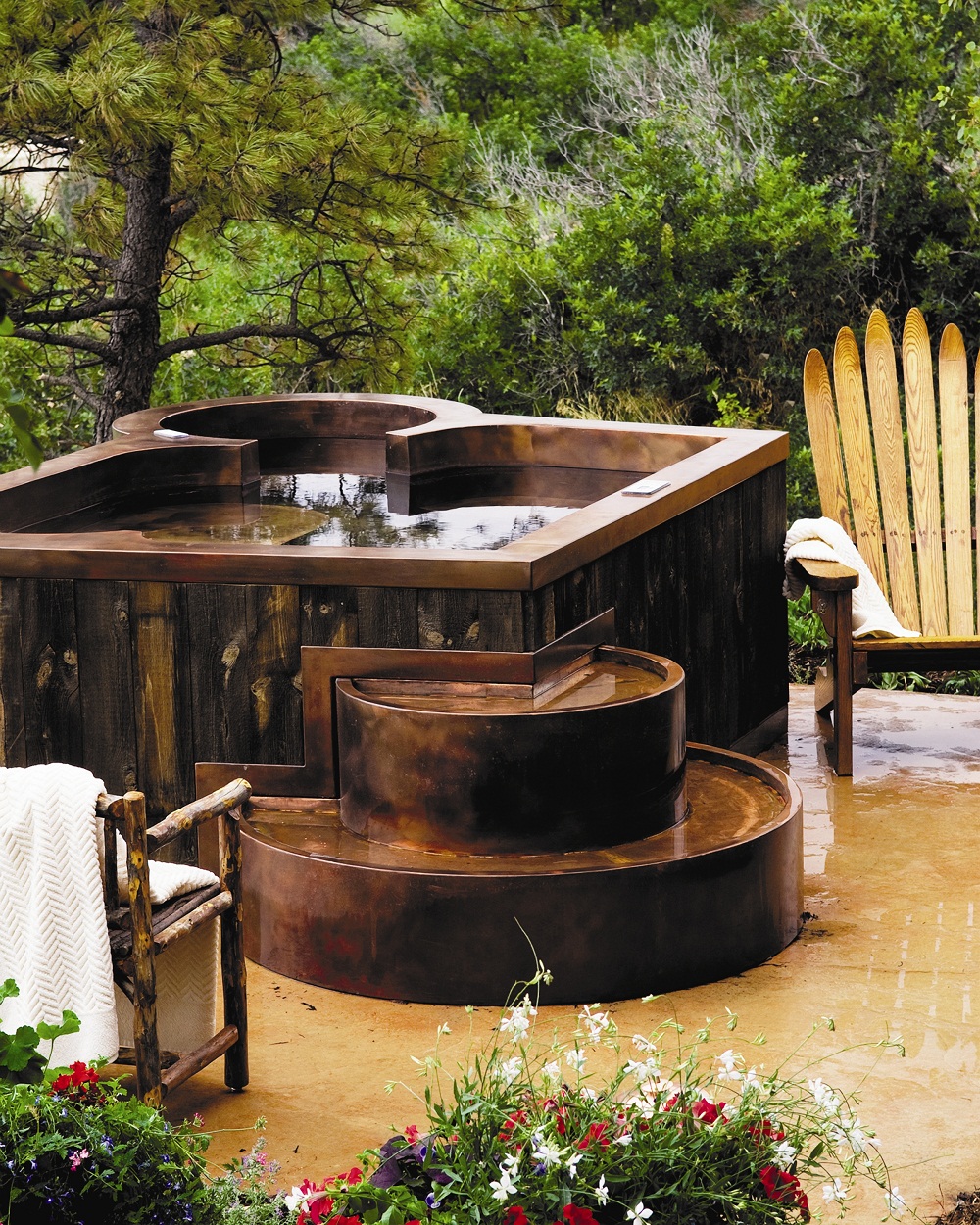 Outdoor Specialty Hot Tub Copper Spa with Private Therapy Seat, Bench Seating, Cool Down Area, Extended Stairway