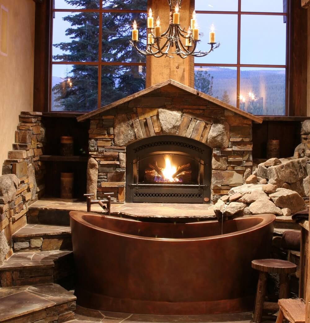  Copper Ellipse Soaking Bath, Full Skirt with Bowed Ledge 42” x 72” x 24” Designer: High Camp Home/ High Sierra Customs Photo: Tom Beckering Photography