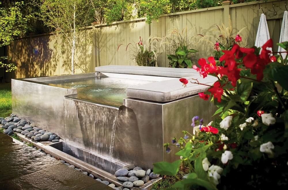Custom Stainless Steel Spa with Integrated Water Feature and 2 Level Bench Seating 95