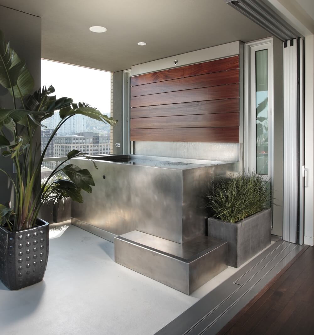 Stainless Steel Spa with Custom Stainless Steel Panel and Teak Water Wall 60