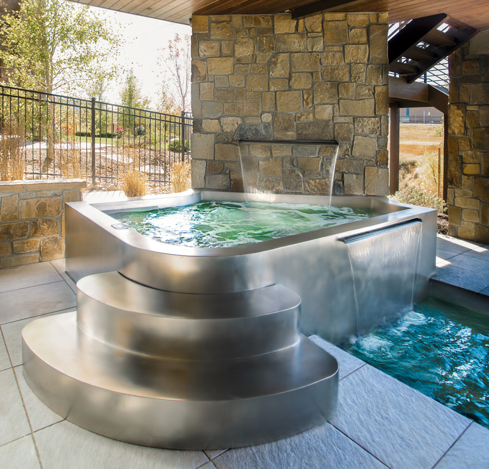 Stainless Steel Spa with Custom Steps and Two Water Features 81