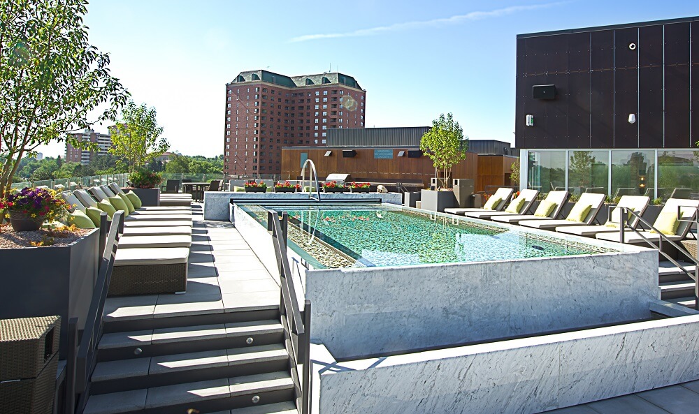 Stainless Steel Swimming Pool with Descending Stairs, Autocover, LED Lighitng and Water Feature with Water Catch Basin. 426