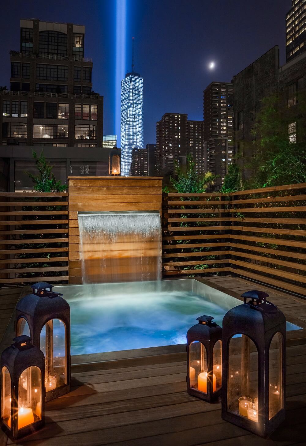 Custom stainless steel spa 81”x87”x42” with bench seating.  Custom stainless steel water feature 40”x67” with a 36” water spout