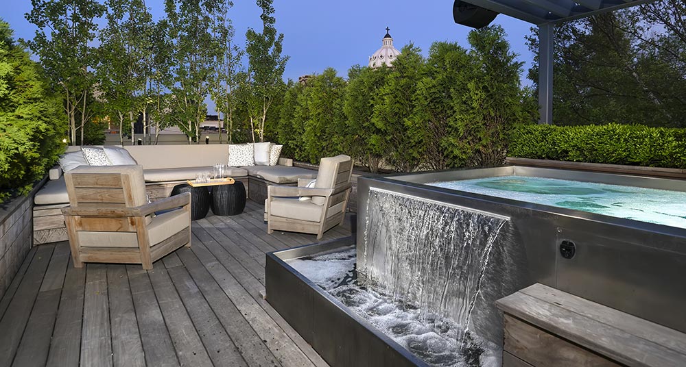 Custom Stainless Steel Roof Top Spa with Interior Stairway, Bench Seating, 2 Separate Water Features and Catch Basin