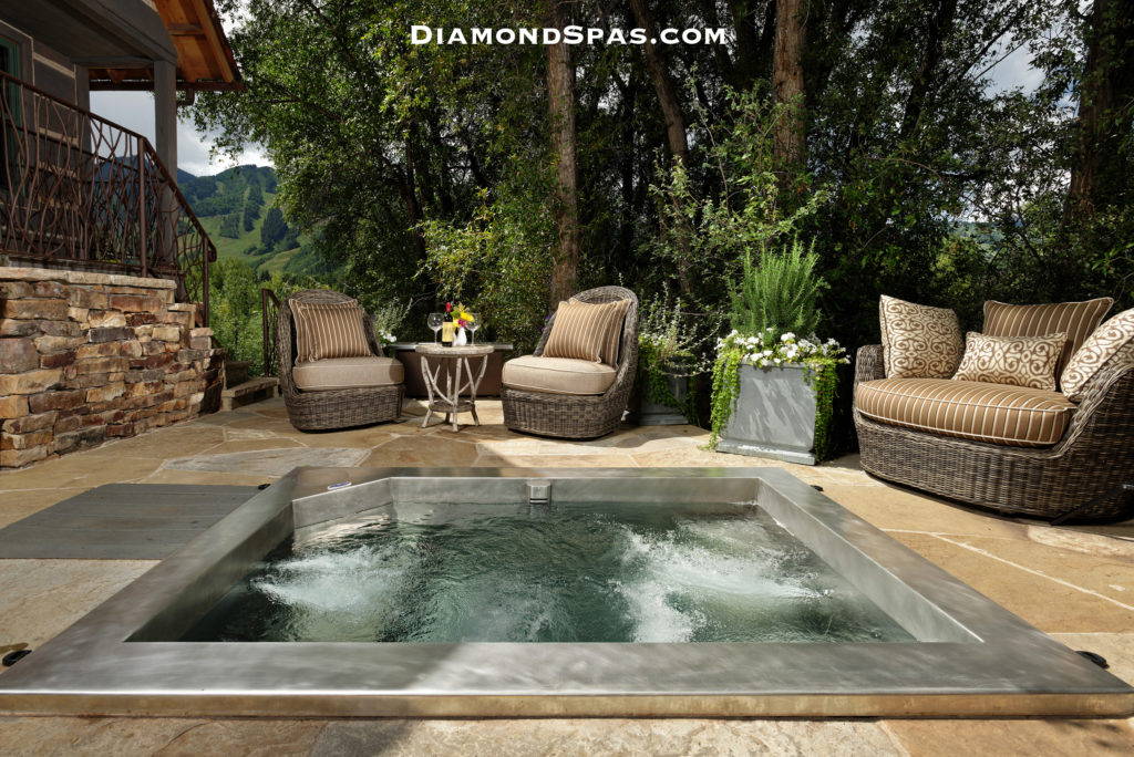 Stainless Steel Hot Tub in Backyard with Lawn Furniture