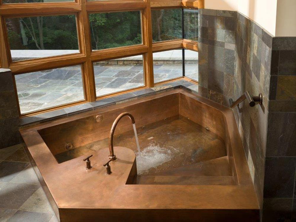 Custom copper whirlpool bath with interior stairway.  72