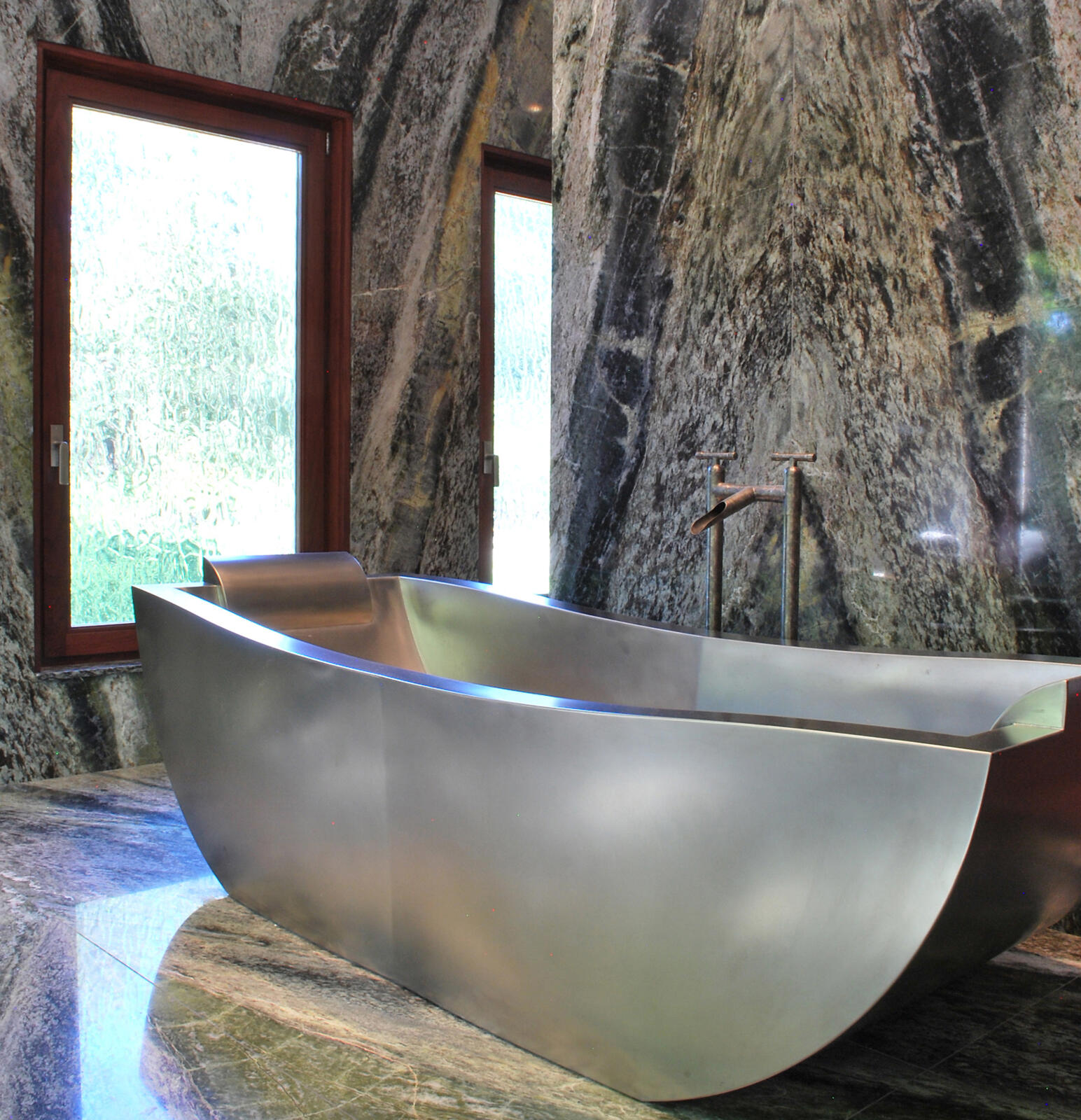 Two Person Stainless Steel Soaking Tub with Custom Overflow and Headrests  80” x 36” x 25”