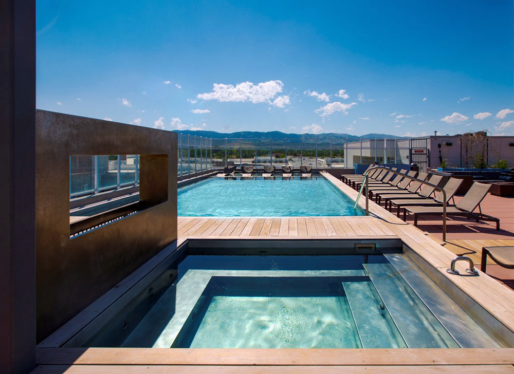 Stainless steel pool with sun shelf, interior stairway, bench seating along pool walls and LED lighting. 244”x631”x59”  Far end of pool are two stainless steel spas with bench seating, interior stairway, and LED lighting.  84”x84”x42”.  Photo courtesy of Union on Elizabeth Street   Photo: Mark Woolcott Photography