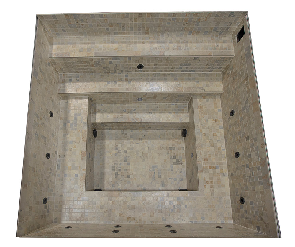 Stainless steel spa with beige tile  121”x120”x46”